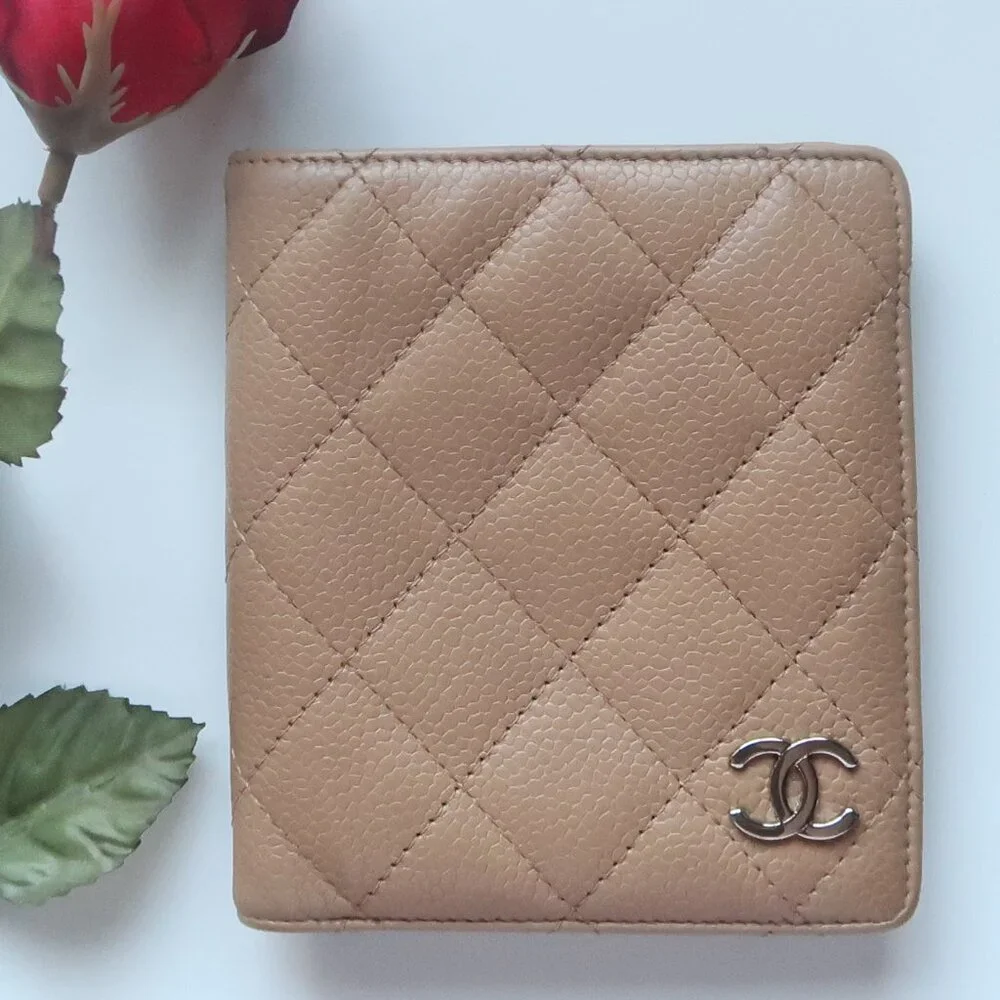 Chanel Classic Quilted Caviar Leather Bifold Wallet Beige with Silver CC Logo